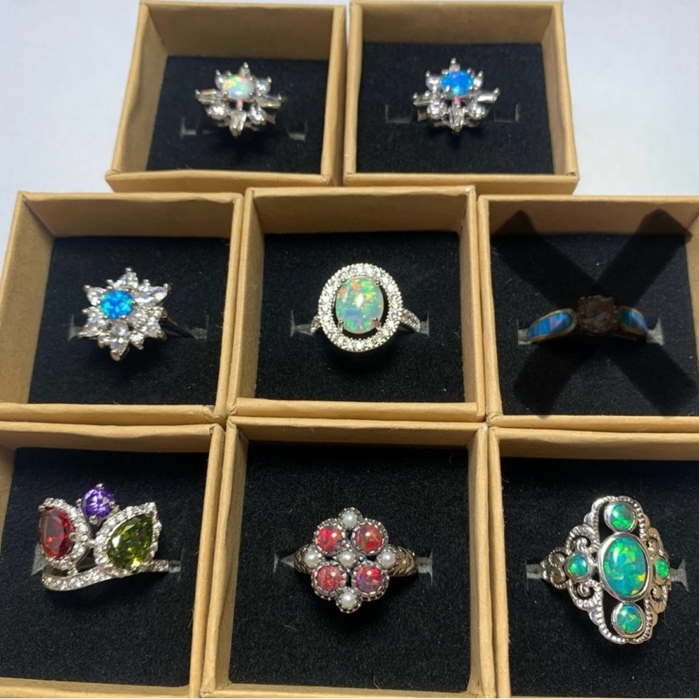 Solid sterling silver opal and cubic zirconia rings lot size 6